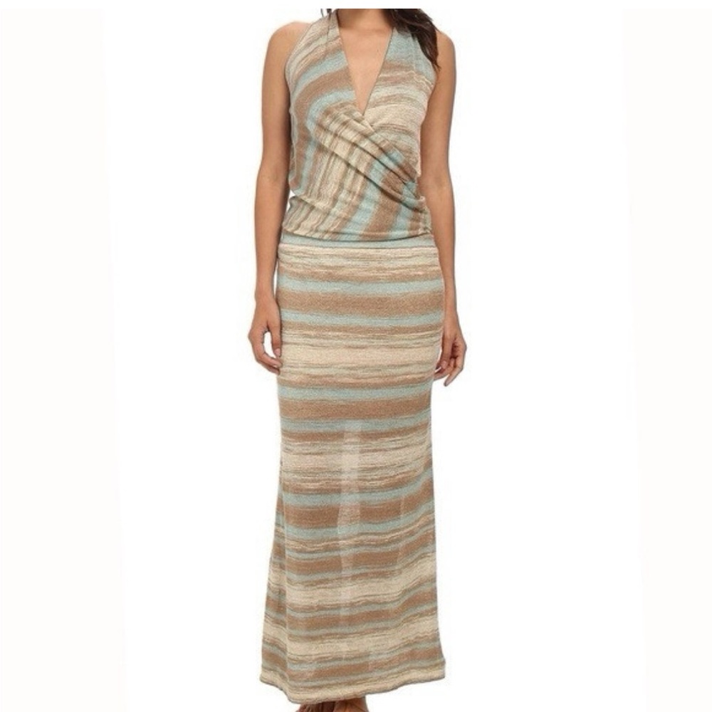 Striped Halter Maxi Dress in Beige and Light Blue